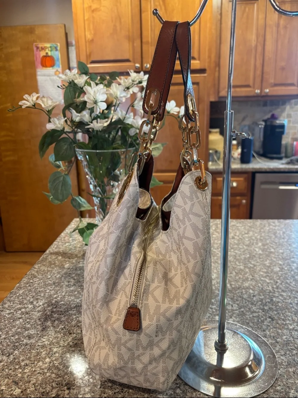 Michael Kors Fulton Large Chain Shoulder Tote in a vanilla MK pattern with Brown - Picture 4 of 17